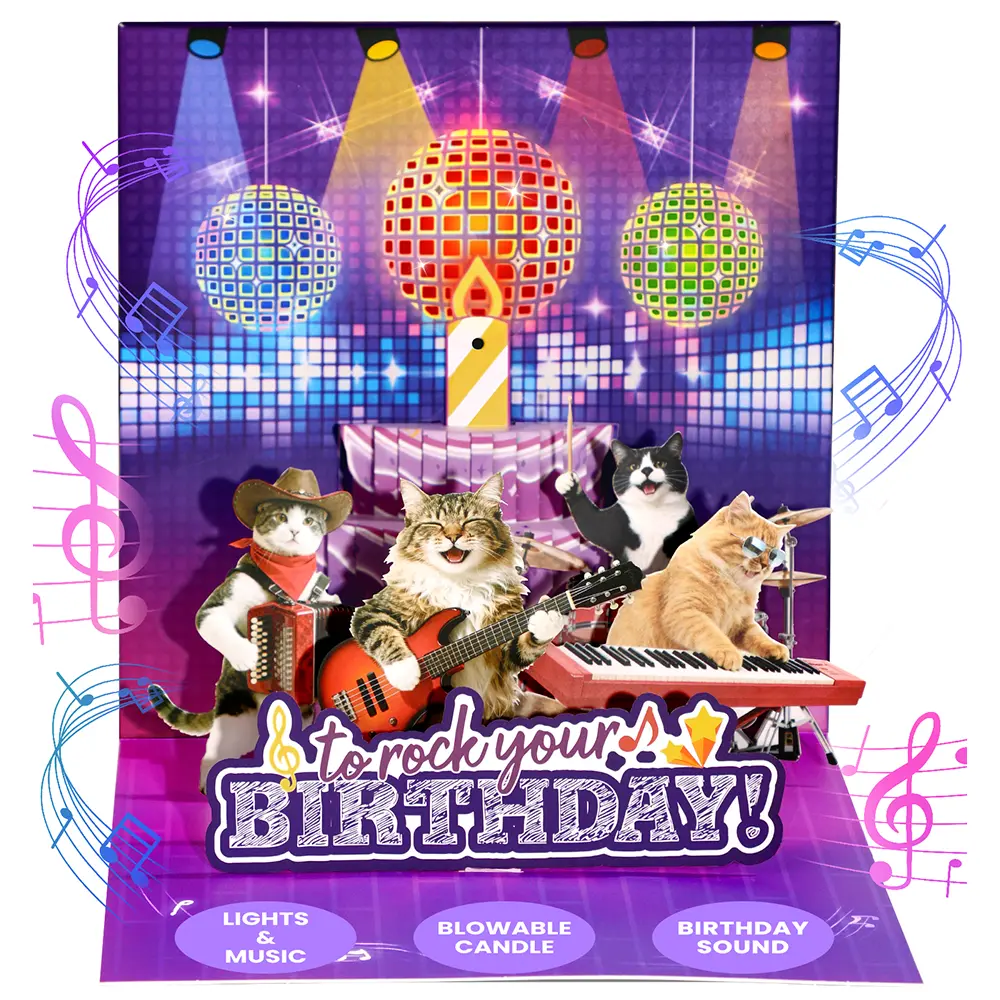 Coraolgo Animal Musical Birthday Card with Envelope, Cat Dog Dinosaur Unicorn 3D Pop-Up Greeting Card, Sound & Light Surprise Gift with DIY Age, Blowable Candle, Fireworks Lights & Blank Note for Kids, Girls, Boys, Pet Lovers