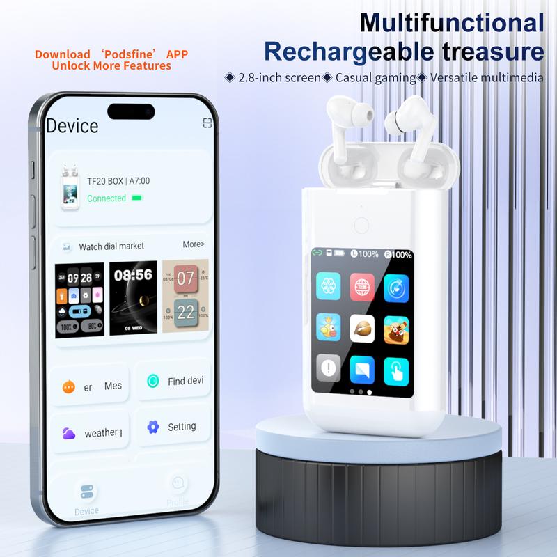 All-in-One Wireless Earbuds with Power Bank 2.8" Screen 4-in-1 Earbuds Game Console Flashlight HiFi Stereo Sound