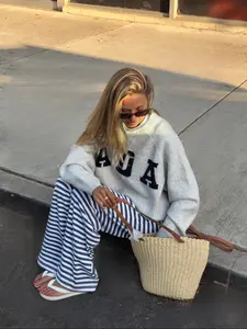 Women's American Vintage Style Letter Print Sweater, Casual Slouchy Knitwear, Suitable for Spring/Autumn/Winter Seasons