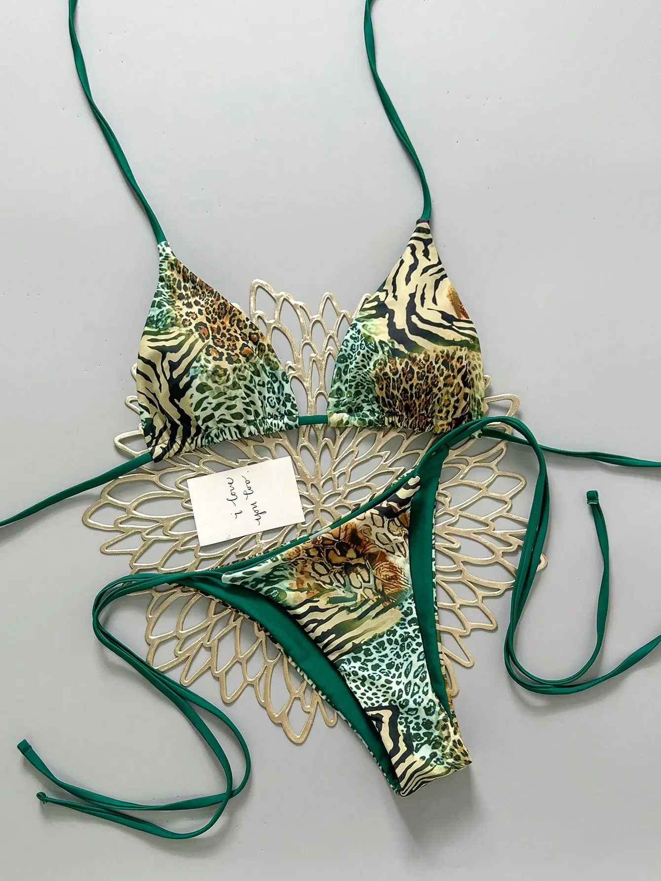 Emerald Green Animal Print Silk Bikini Set Leopard Tiger Mix Plunge Triangle Top High Cut Cheeky Bottoms Bold Y2K Swimwear