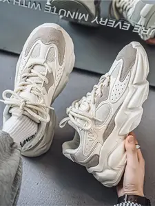 Men's Vintage Thick Sole Shoes, Breathable Comfort, Shock Absorption, Steady Walking, Patchwork Design, Daily Wear, Casual Style, Trendy Walking Shoes, Lightweight Shoes