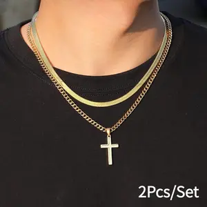 Men's Double-Layered Cuban Snakebone Chain Jewelry Necklace - Gold Cross Pendant Religious Costume Jewelry for Holiday Parties, Chain Jewelry Necklaces
