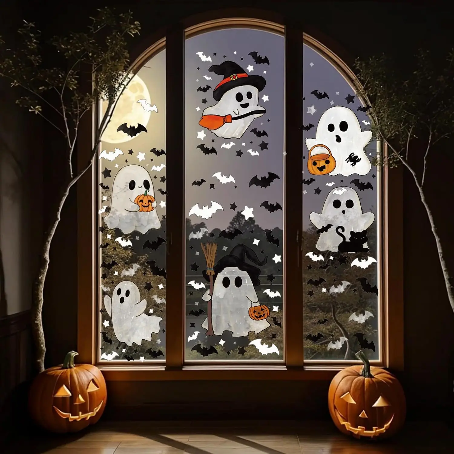161 PCS Halloween Window Clings Double Sided Ghost Window Stickers Reusable Seasonal Window Decorations Ghost Decor Decals for Glass Windows Home Office Party 6 Sheets