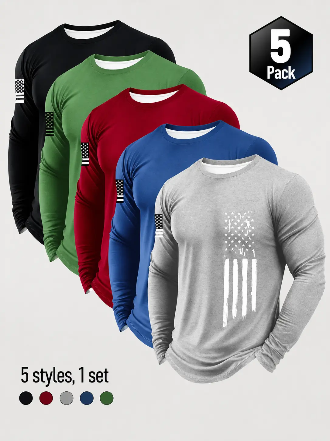 Men's Athletic Long Sleeve Shirts - 3/5 Pack USA Flag Print Tops, Soft Breathable Athleisure Clothes for Gym Workouts, 4th of July, Outdoor Activities, Easy to Pair Activewear, Athletic Sportswear, Crew Neck, Workout Gear, Casual, Soft Knit, Sporty Chic,,