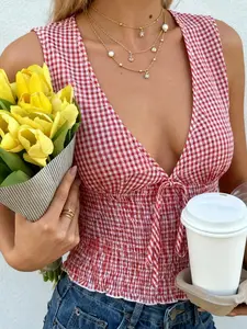 Women's Classic Gingham Print Tank Top, Womenswear, Deep V Neck, Front Tie Detail, Full Smocked Waist, Sleeveless, Ruffled Hem, Lightweight Breathable Woven Fabric, Daily Casual Vacation Date Commute Wear