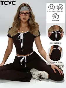 TCVC Women's sports two-piece suit, contrast color design, simple and fashionable, comfortable skin-friendly fabric, worn in all seasons, daily activities and leisure, yoga suit, stretchable sportswear. Womenswear Adjustable Casual