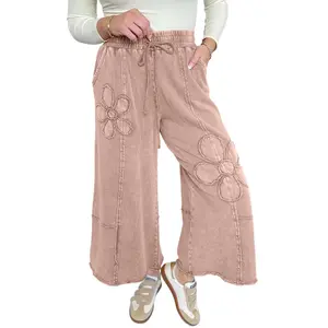 Women's Buckskin Floral Patch Cropped Wide Leg Pants – Casual High Waist Terry Knit for Daily Wear