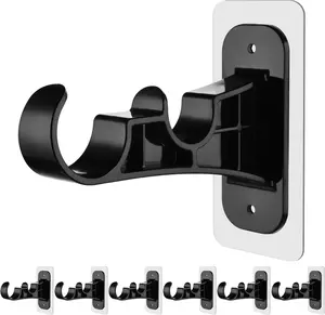 6 Pack No Drill Double Curtain Rod Bracket, Adhesive No Drilling Curtain Rod Holders, Damage-Free Stick Curtains Rods Hooks, Double Brackets Curtain Hangers for Wall(Black)