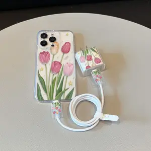 5 Piece Set Transparent Tulip Flower Phone Case, Charger Head Cover, Cable Protector, Storage Rope, Anti-Drop Tpu Case for iPhone