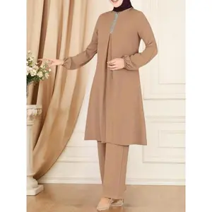 2025 ChristmasWomen's Solid Long Sleeve Round Neck Top & Pants Islamic Two-piece Set, Casual Fashion Cozy Two Piece Outfits for Daily Wear, Muslim Ladies Clothes for All Seasons, Modesty Abaya Hijab Set dt912