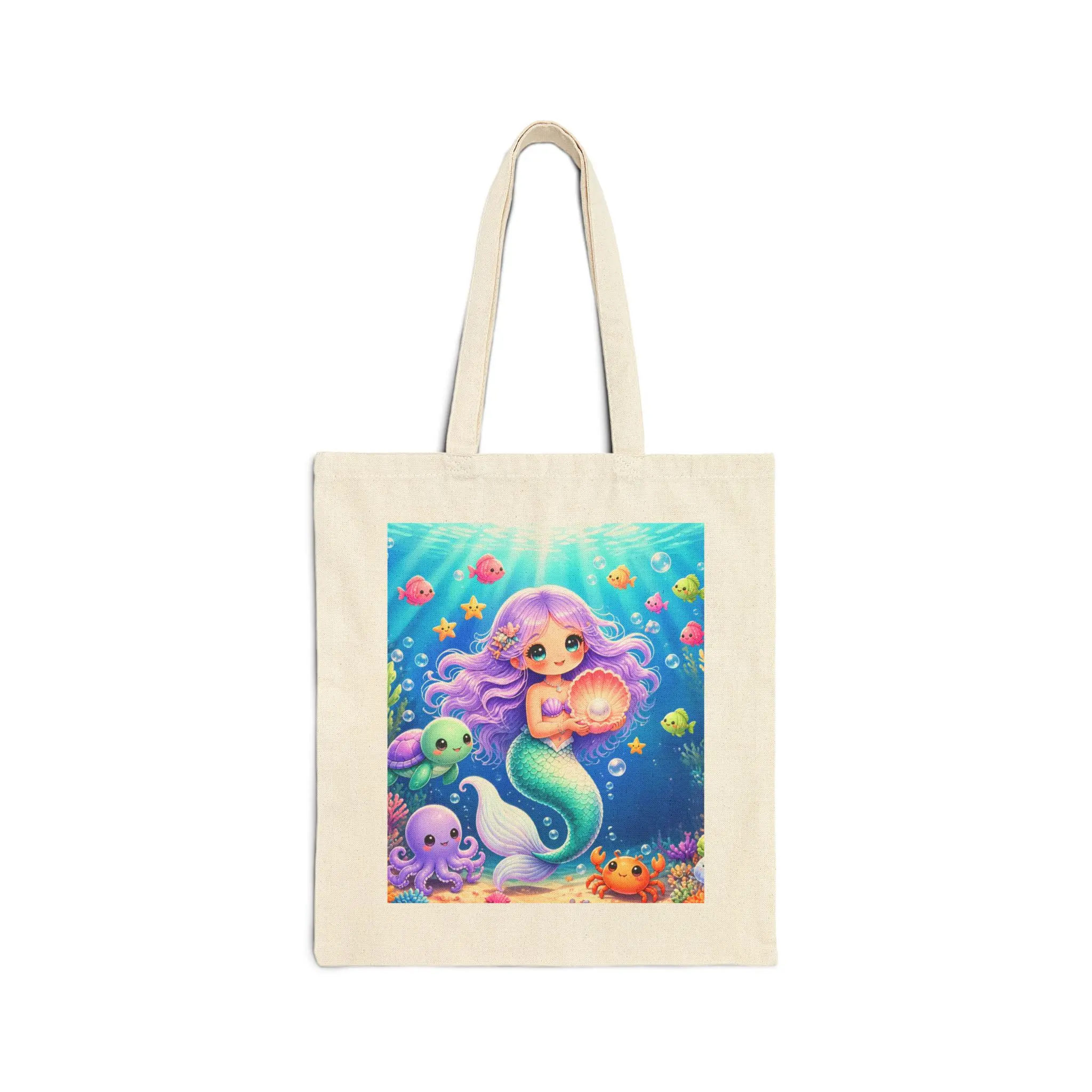 Women's Double Handle Tote Bag - Cute Mermaid Illustration, Kawaii Sea Creatures, Heart Design, Double Handle Women's Tote Bags, Commuter Style