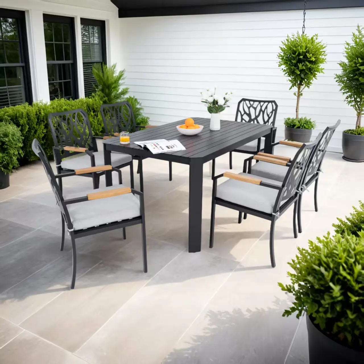 7-Piece Bourbon Brown Aluminum Patio Set – 4 Dining + 2 Swivel Rockers, Sunbrella Cushions, Branch-Like Backrests, Umbrella-Ready Table