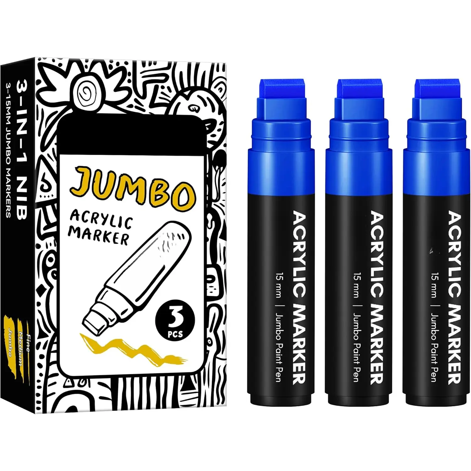 3  Permanent Markers Blue, 15mm Thick Wide Tip, Large   Markers for Rock Painting, Poster, Graffiti, Stone, Ceramic, Glass, , Canvas