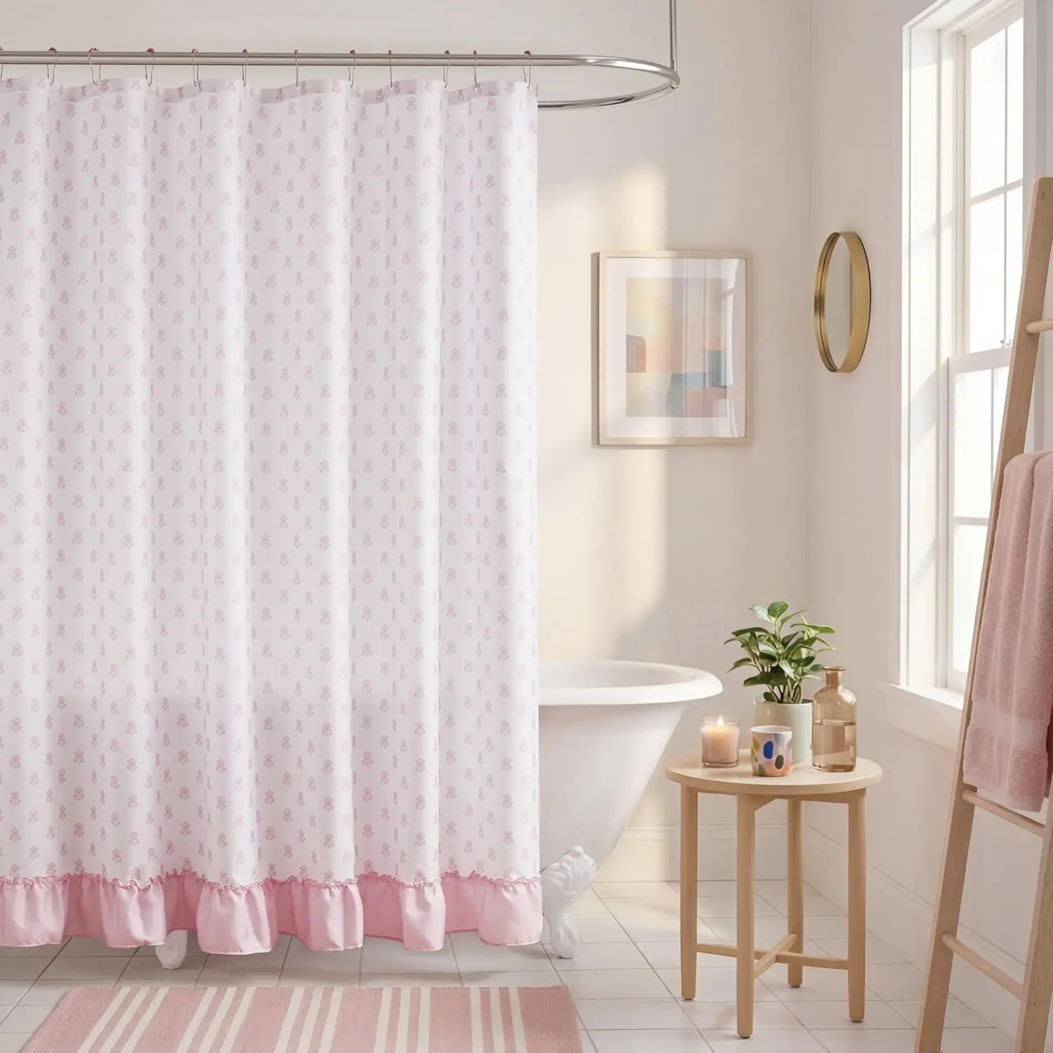 Intelligent Design Light Savanna Floral Print Ruffle Shower Curtain Set, 72x72in, Water Repellent Oeko-Tex Certified, with 12 Ball Hooks, Pink Bathroom Decor for Dorms, Shower Curtains