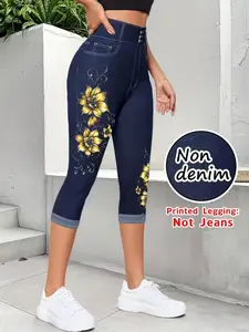 Women's Printed Skinny Seven-Quarter Pants, Elastic Fake Jeans Style, All Season Casual & Formal Wear, Durable, Fit, Bottom
