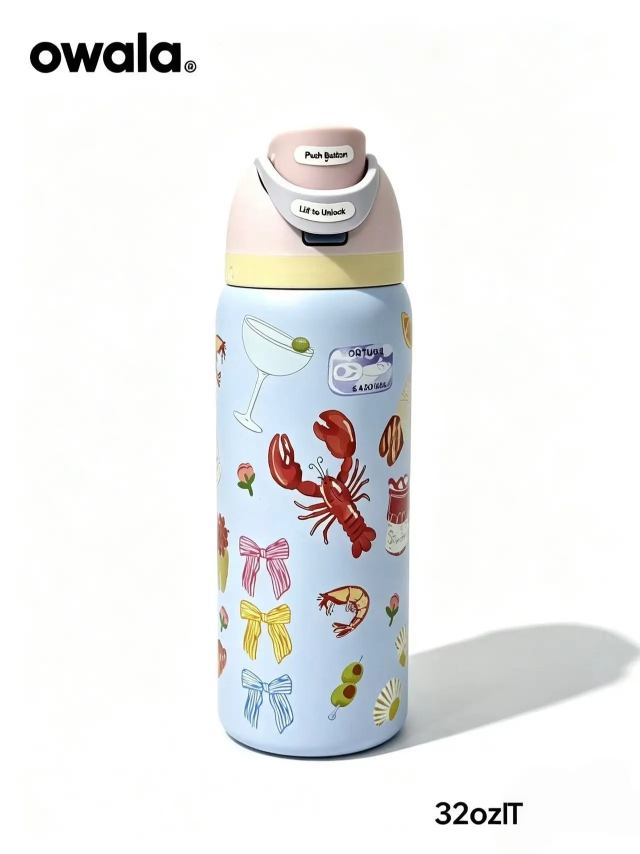 Owala 32oz Heavy-Duty Insulated Stainless Steel Portable Tumbler, Lobster Cocktail Printed Design, Lift-to-Unlock Leakproof Flip-Top Lid, Shatter-Resistant Reusable Flask for Beach, Sports, Daily Use