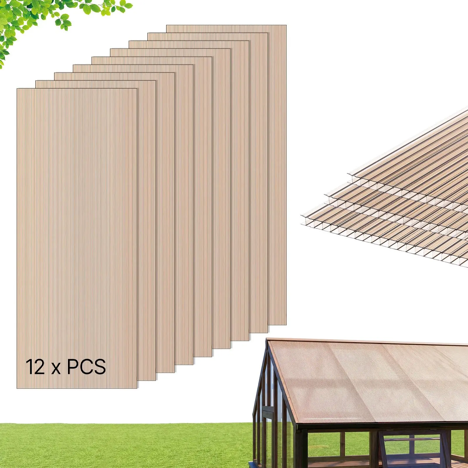 【DealsForYouDays】VEVOR Roof Panels, 12Pcs Polycarbonate Roofing Panels Double Layer, High Impact Corrugated Plastic Greenhouse Replacement Cover, Waterproof for Gazebos, Chicken Coops, Home, Garden (5'x 2'x 0.24)