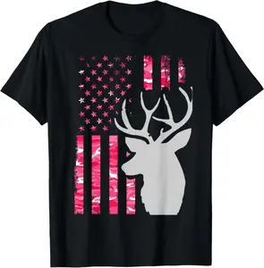 100% Cotton Pink Camo American Flag Camouflage Buck Hunting Shirt Women T-Shirt