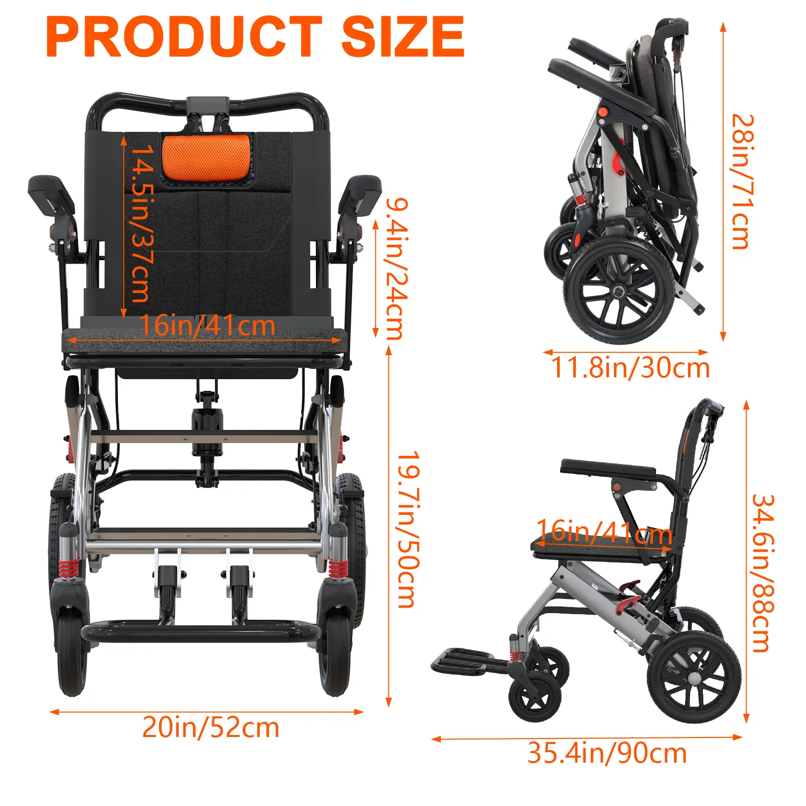 Lightweight Folding Wheelchair – Portable Transport Chair with 16" Seat, Aircraft Aluminum Frame, Handbrake Lock, Removable Armrests & Swing-Away Footrests for Seniors, Adults & Kids, Gray/Orange