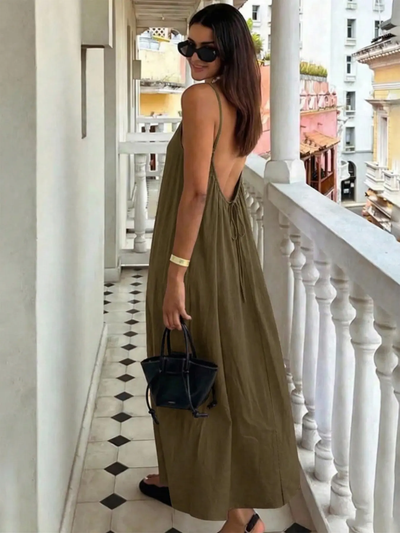 Women's Plain Ruched Backless Dress, Long Bohemian Vibe Style, Elegant  Casual Everyday Wear, Perfect Spring, Fall and Summer Choice, Womenswear -  TikTok Shop