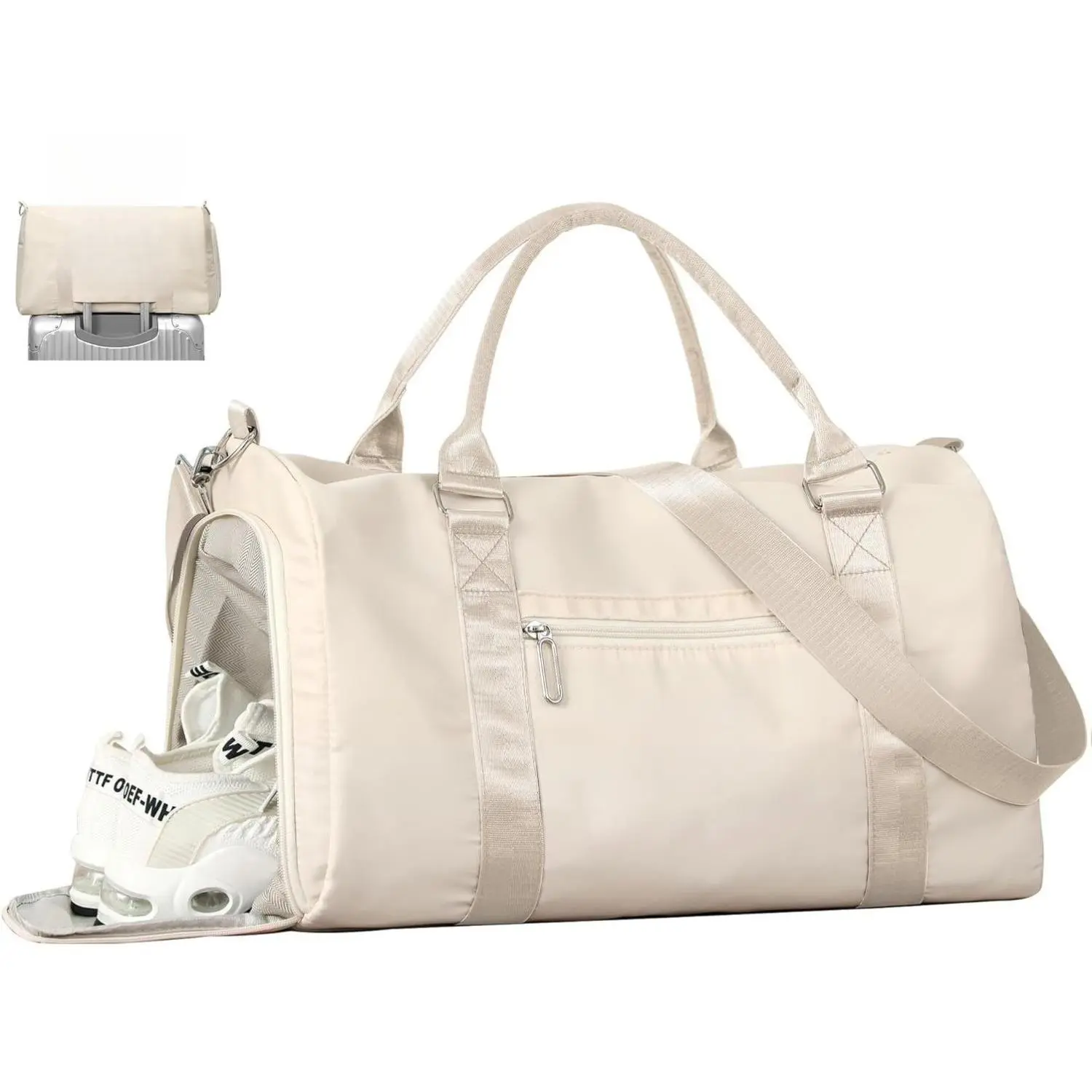 FIORETTO Womens Gym Tote Duffle Bag with Wet Pocket & Shoe Compartment, Sports Duffel Overnight Weekender Hospital Workout Carry on Bag for Girls, Ideal for Travel, Swimming, Dance, Ballet Beige