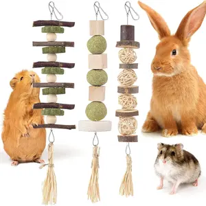 3PCS Bunny Chew Toys, Natural Hanging Rabbit Chew Toy Treats for Guinea Pigs Hamsters Gerbils Chinchilla and Other Small Pets for Teeth Grinding