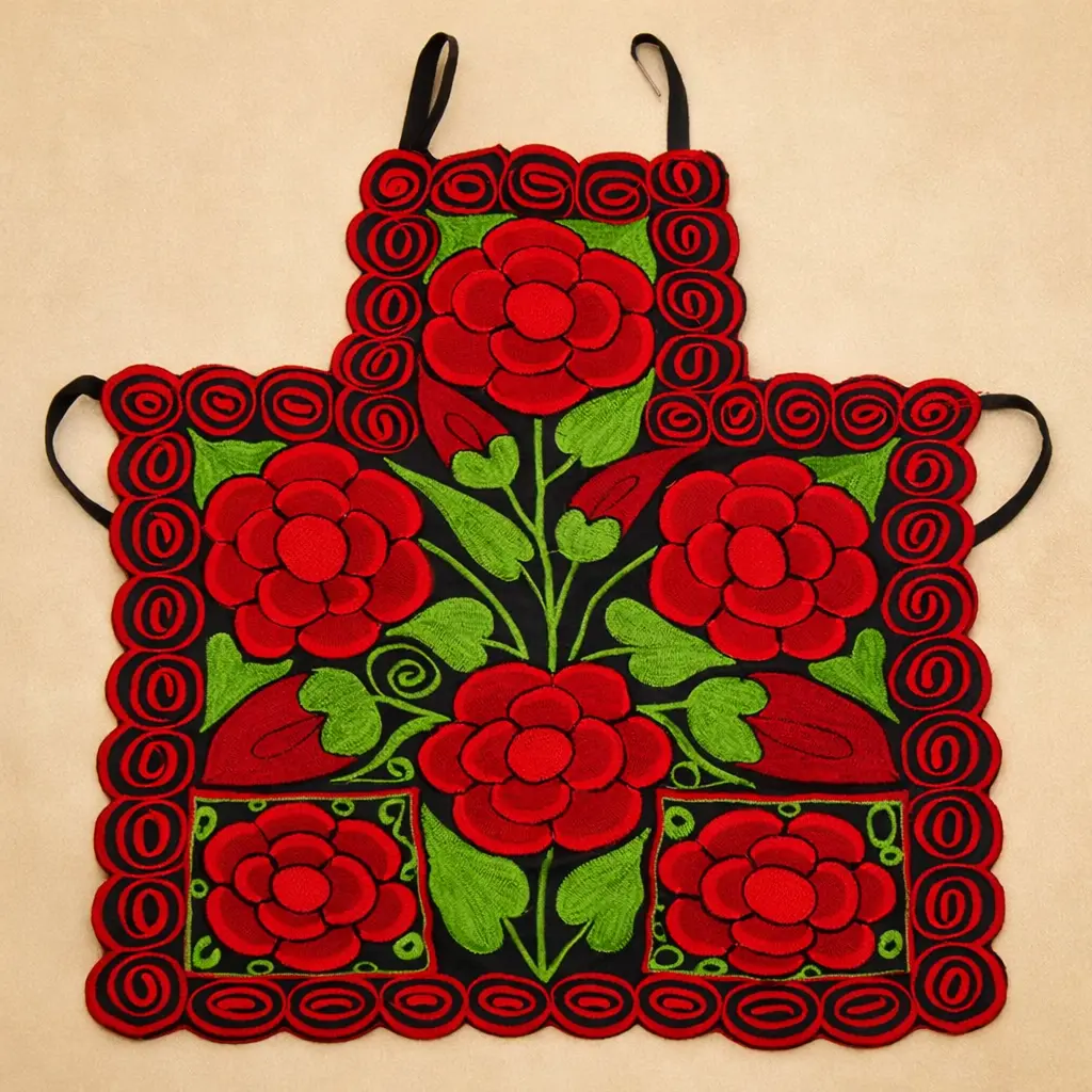 Handcrafted Oaxacan Apron with Red Rose Embroidery