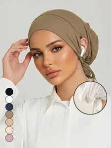 Women's Plain Color Earhole Hijab Cap Undercap, Lightweight Elastic Headband, Breathable Turban Scarf, Fashionable Minimalist Design, All Seasons