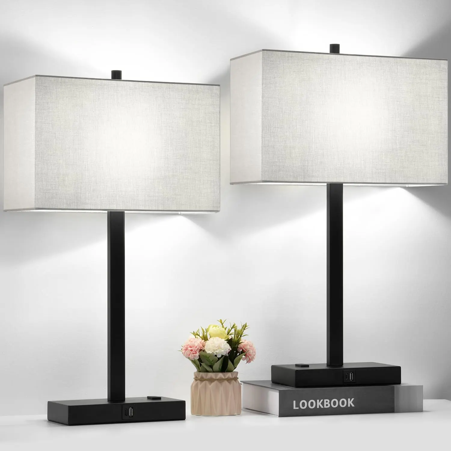 21" Set of 2 Touch Control Table Lamps with 2 USB & AC Outlets, 3-Way Dimmable Modern Nightstand Lamps for Bedroom Living Room Office Reading, Gray Shade Bedside Lamps, Home Decor,5000K LED Bulbs Included,sohochic