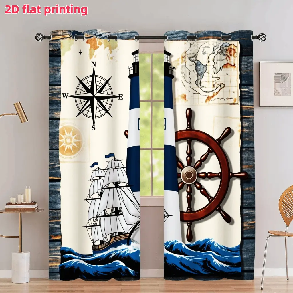 2D Flat 2Pcs Nautical Ocean Theme Lighthouse Sailing Ship Pattern Printed Curtain Panels, Vintage Map Compass Anchor Design, Perforated Grommet Top, Semi Sunshade, for Living Room Bedroom Study Window Decor