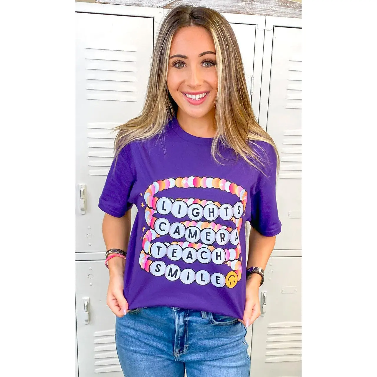 Tees2urdoor Women's "Lights Camera Teach Smile" Graphic Print T-Shirt, Casual 100% Cotton Short Sleeve Crew Neck Top for Teachers