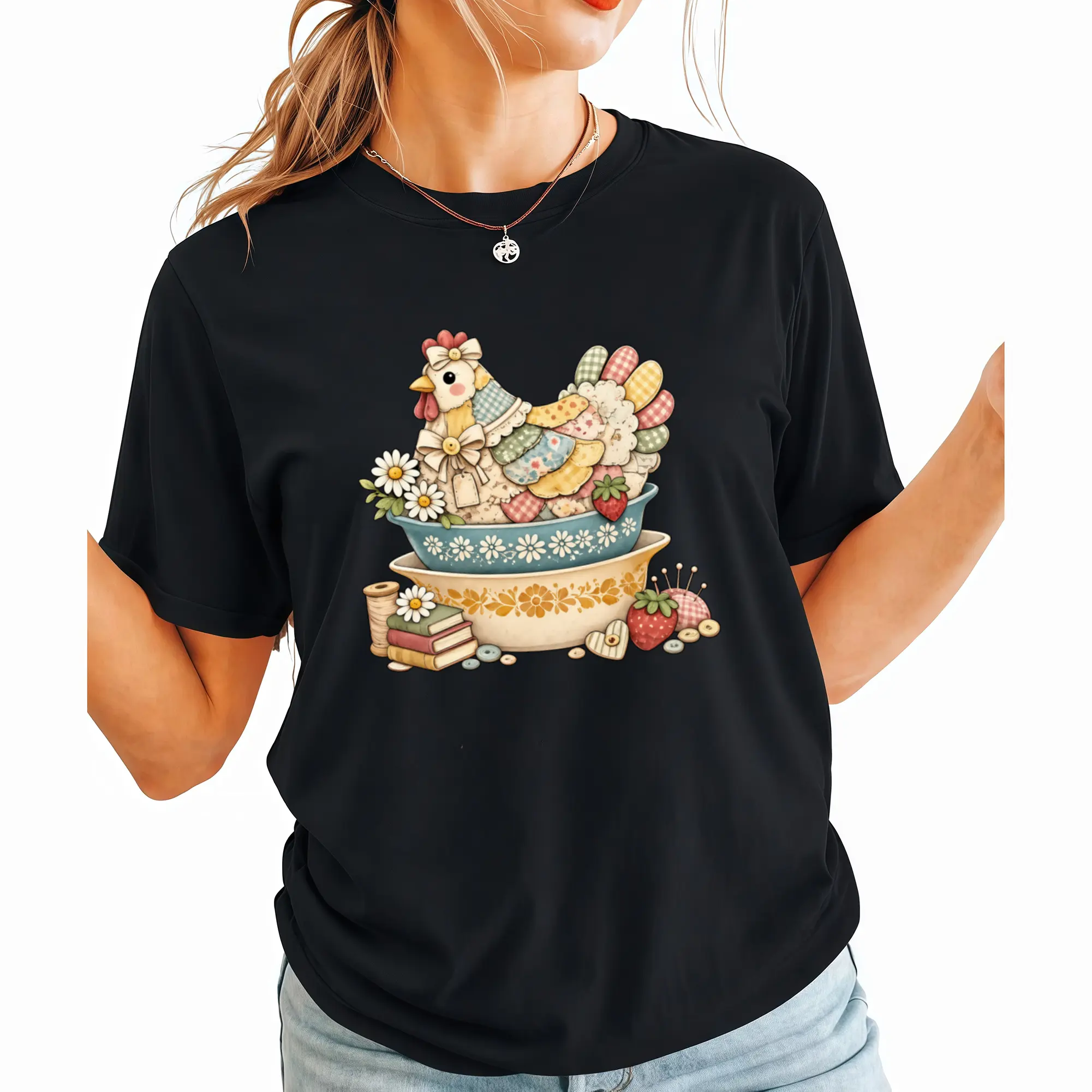 Patchwork Vintage Chicken Pyrex Inspired T-Shirt, Quilted Hen on Nest, Grandma Core Vintage Kitchenware Shirt, Printed Shirt