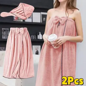 2PCS Women's Adjustable Microfiber Hair & Body Towel Wrap - Super Absorbent Quick-Dry Spa Robe with One-Hand Tie Closure, Pink Bath Cover for Gym, Sauna, Shower - Soft Post-Swim Wrap headband stretchy girl women skin care