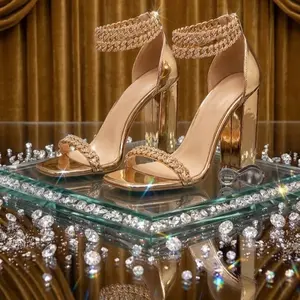 Summer Fish Mouth Rhinestone Block High Heels Metal Chain Sandals Luxury Crystal Night Glamour Shoes