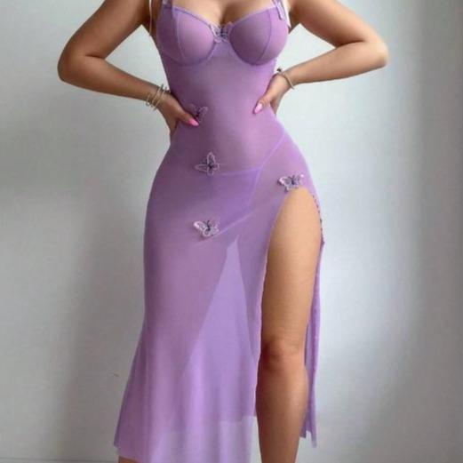 Summer Sexy Sheer Long Dress Tempting Lace High Slit Mesh Dress Casual Womenswear Basic Minimalist Sleeveless Sky Blue Spaghetti Strap anna  woodz  coachella  outfit Formal