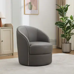 Gray Top-Grain Leather Swivel Accent Chair, 360° Smooth Spin, Mid-Century Modern Lounge Chair for Living Room/Office