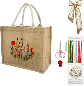 Linen Tote Bag DIY Embroidery Kit for Beginners with Scarf, Printed Cross Stitch Craft Kit with Thread, Needle & Guide – Reusable Grocery Bag for Women