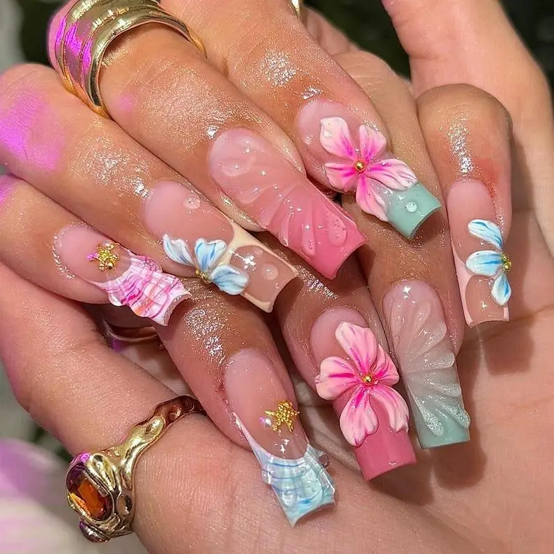ES7 Tropical Blossom Press-On Nails, 3D Hibiscus Shell Design, Pink Mint Coastal Color Palette, Mermaid Inspired Handmade Nail Art, Dreamy Summer Beach Press Ons