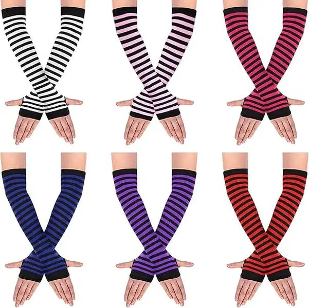 6 Pairs Long Fingerless Gloves Women Striped Arm Warmer Punk Gothic Rock Y2k Emo Scene Striped Good for Outdoor and Indoor Activities, Typing, Climbing, Dancing, Driving, Riding, Hiking, Writing, Walking The Dog And So On