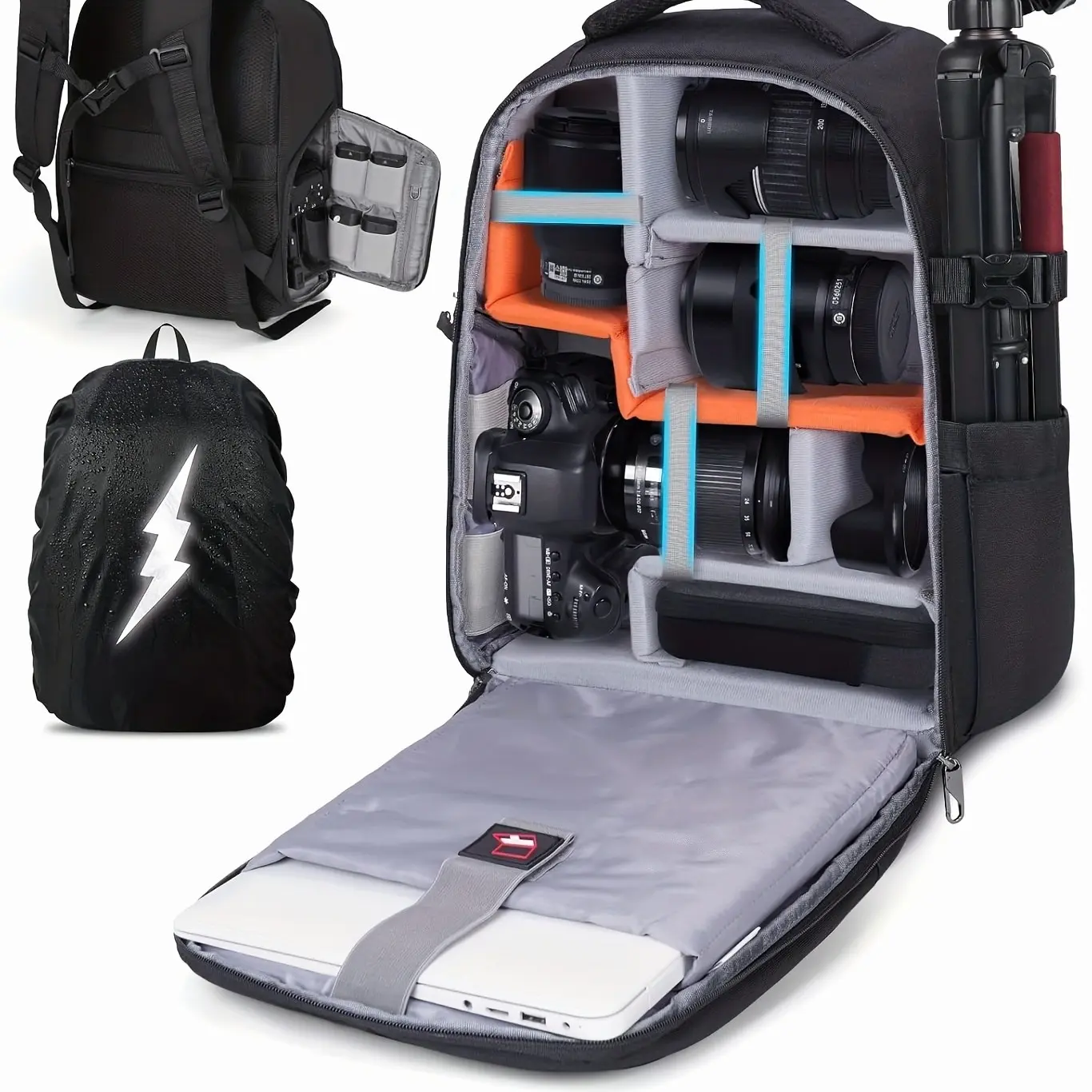 RAINSMORE Camera Backpack Camera Bag for DSLR/SLR Mirrorless 14 Inch Laptop Camera Backpack for Photographers Anti-theft Photography Bag with Rain Cover, Tripod Holder, Black