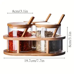 Local Warehouse, A Set of Three Condiment Jars with Triangular Stands. Transparent Glass Condiment Jars with Bamboo Spoon and Bamboo Lid. 280ml × 3, Suitable for Salt, Sugar, Spices, Pepper, Kitchen Condiment Jars