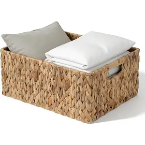 Large Wicker Basket, Large Handwoven Hyacinth Basket with Handles, Rectangular Rattan Woven Basket for Shelves, Closet & Living Room, 16.93"D x 12.99"W x 7.48"H
