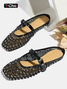 Women's Summer Sandals, Square Toe Flat Shoes, Breathable Mesh Design, Casual Trendy Flat Comfort Footwear for Women & Girls, Buckle
