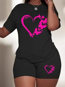 【Plus Size】 Two-Piece Set  Heart Print Short Sleeve Tee & Skinny Shorts, Casual Round Neck T-shirt & Short Leggings, Women's Summer Clothes for Daily Wear, Suits, Matching Clothing Set, Top Shorts Set
