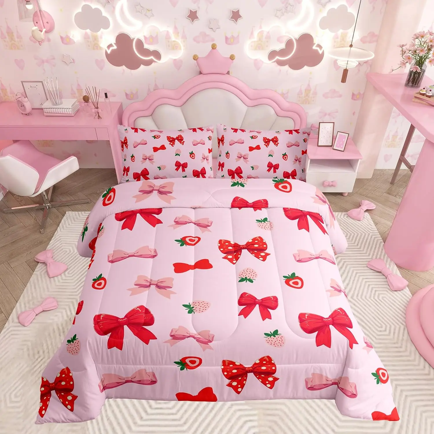 Kids Pink Bowknot Bedding Set Cute Strawberry Bow Tie Comforter Set for Princess Aesthetic Coquette Duvet Quilt Soft