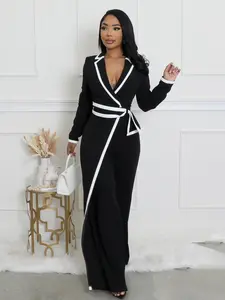 Elegant Women's Long Sleeve Jumpsuit, Belted Waist Design, Colorblock Patchwork, Fall & Winter Fashion, Office Wear, Womenswear