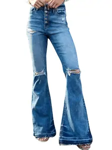 Medium Blue Bell Bottom Baggy Denim Maxi Pants Casual Summer Streetwear Comfortable Minimalist Design With Pockets BYF1014 plain sexy
