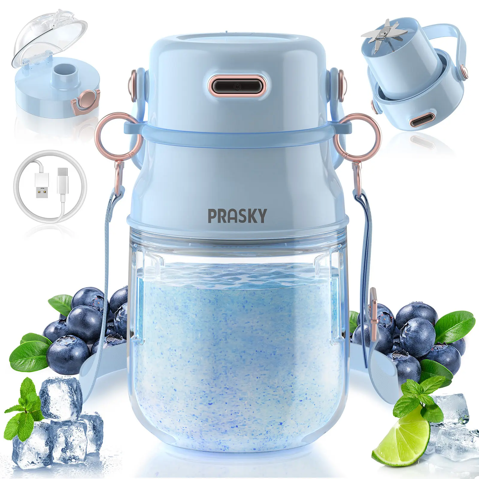 PRASKY Portable Blender with Type-C Rechargeable, 27oz BPA-Free Blender Cup for Smoothies, Protein Shakes & Fresh Juices, Ideal for Gym, Travel, Kitchen and Wellness Use