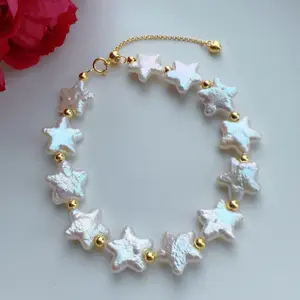 Piswency Star Baroque Pearl Bracelet, Real Freshwater Pearls Adjustable Bracelet, 925 Sterling Silver Setting, Gift for Her.