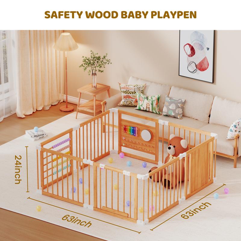 Naudacaa Baby Playpen & Safety Gate, 6/8/10 Panels  Foldable Pine Wood Play Yard with Child-Proof Lock, Easy-Assembly Baby Fence for Indoor Safe Play